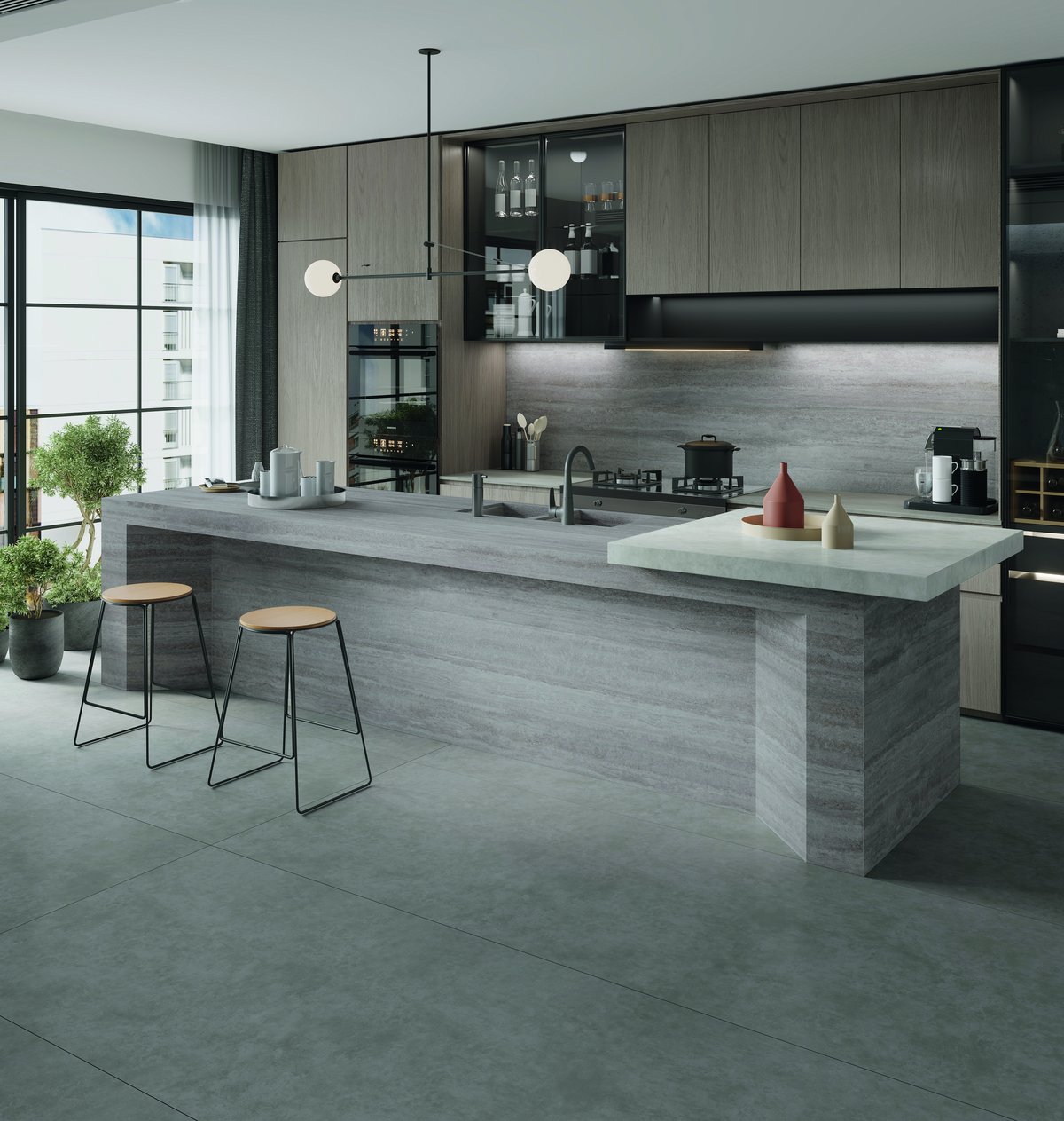 Kalebodur Earth Travertine Silver 6 mm Mat Porselen Plaka 160×320 mutfak örneği 2